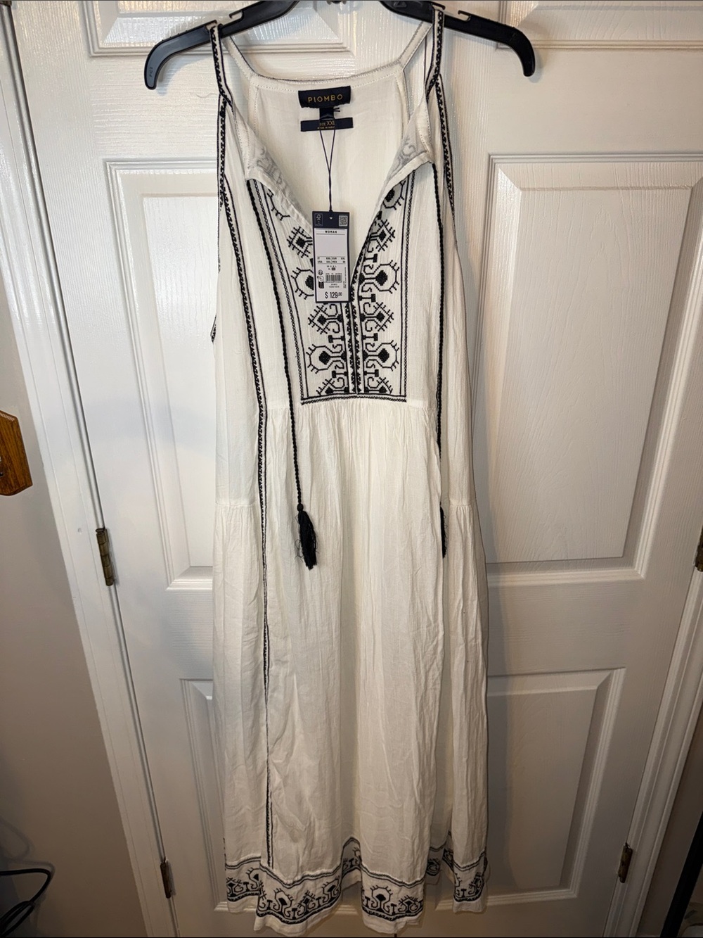 Piombo White Maxi Dress with Black Embroidery